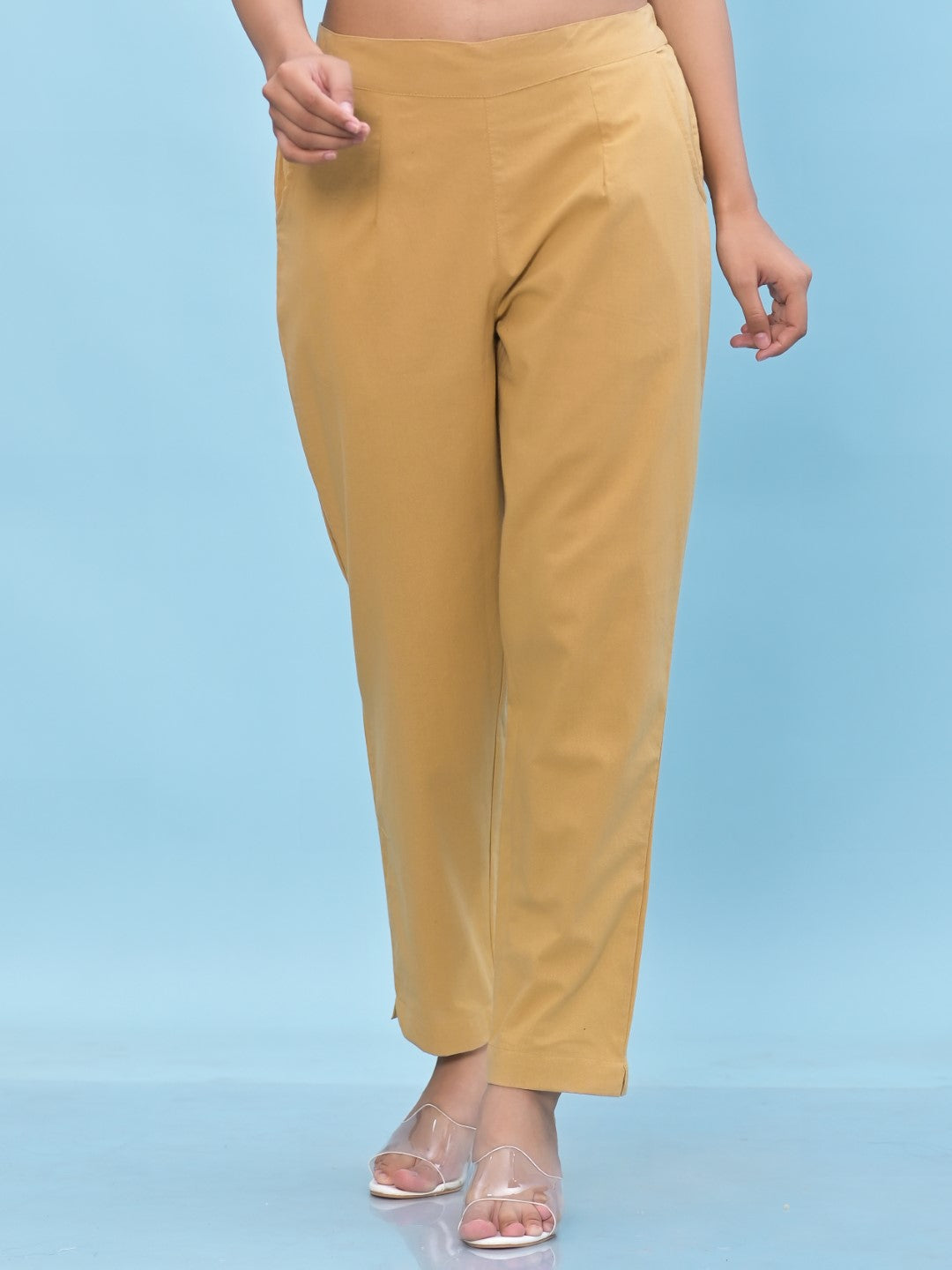 Women's Gold Cotton Solid Trouser - Juniper