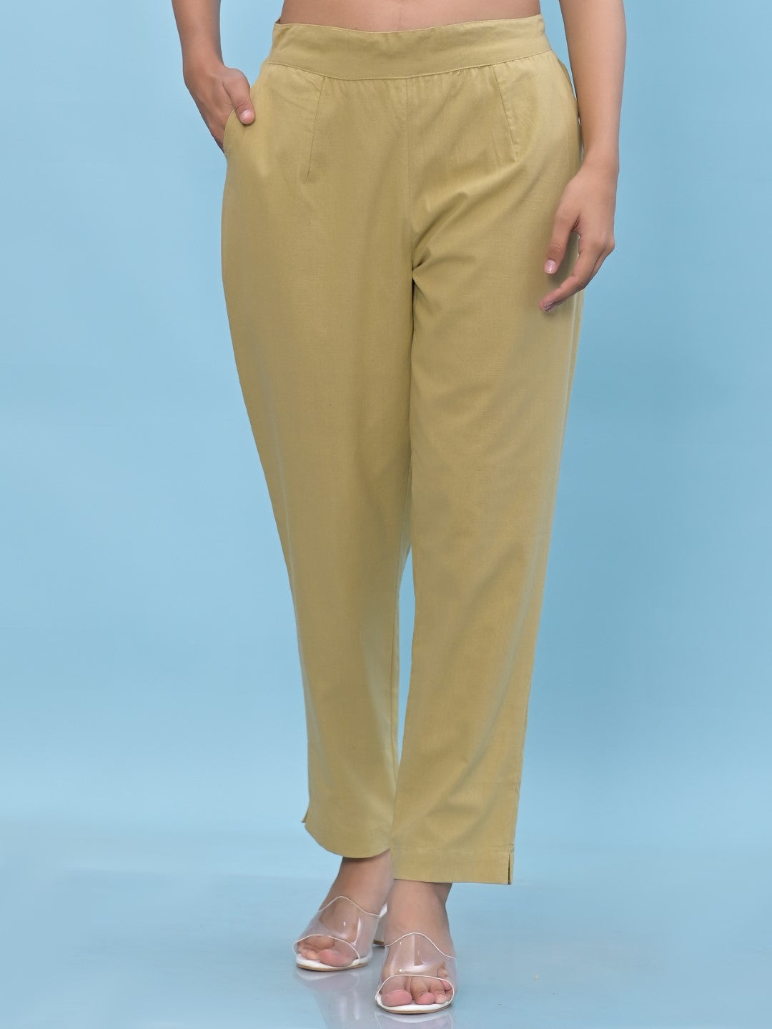 Women's Olive Cotton Solid Trouser - Juniper