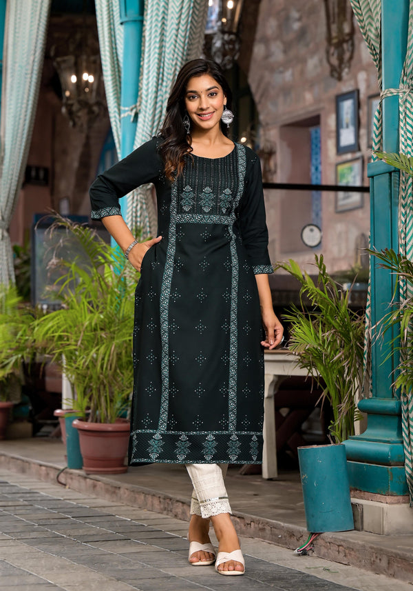 Bottle Green Ethnic Motif Printed Liva Rayon Kurta With Straight Hemline For Women