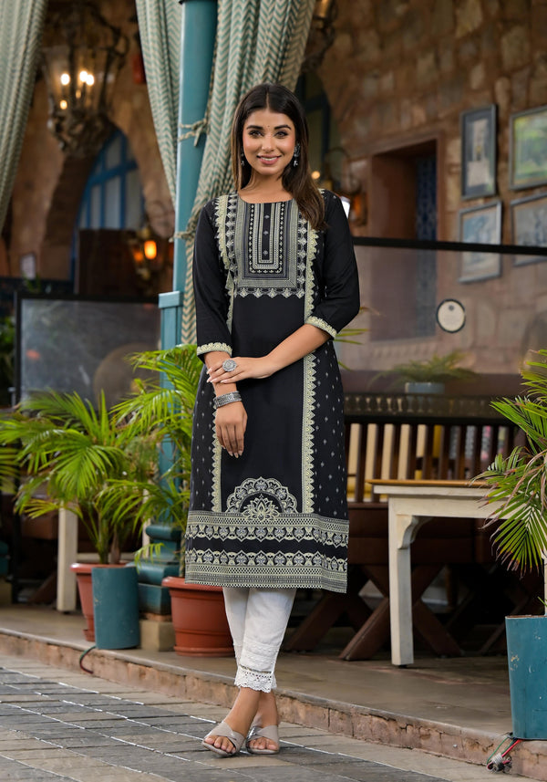 Black Ethnic Motif Printed Liva Rayon Kurta  With Straight Hemline And Buttons