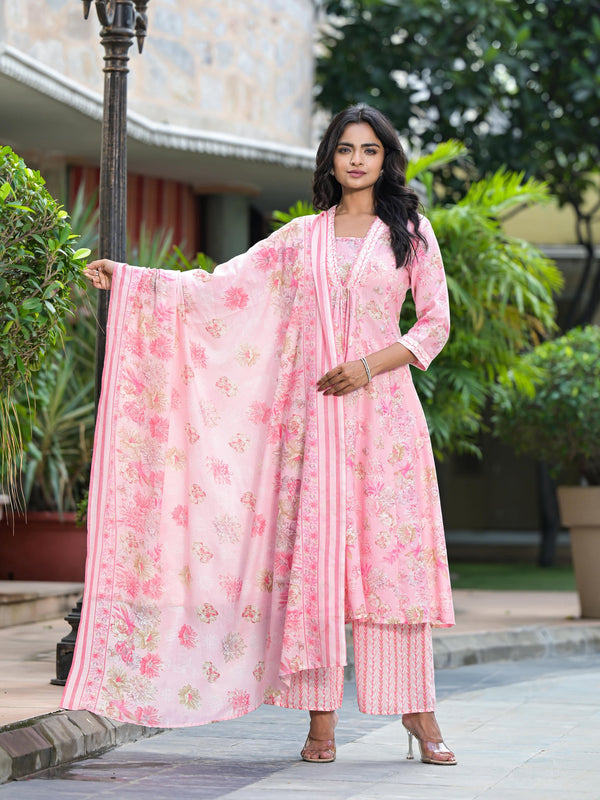 Pink Floral Printed Cotton Kurta Palazzo With Dupatta Set With Sequins