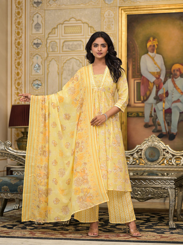 Yellow Floral Printed Cotton Kurta Palazzo With Dupatta Set With Sequins