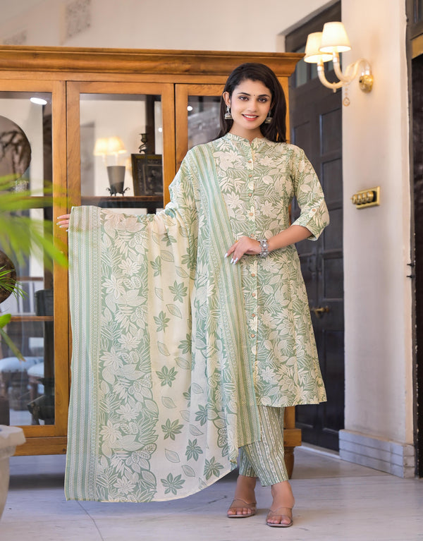 Green Floral Printed Cotton Kurta Set with Buttons