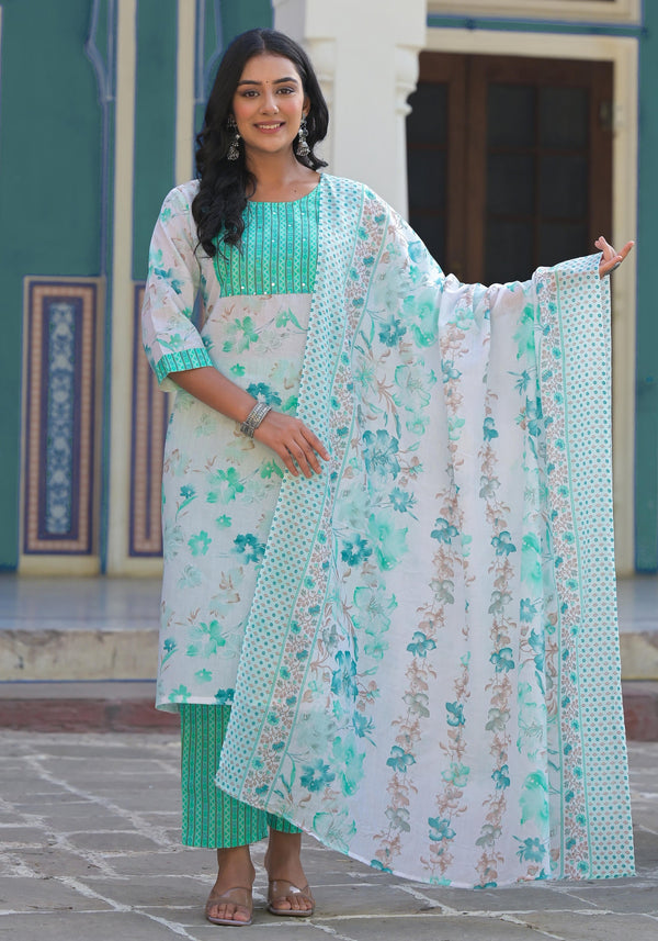 Green Floral Printed Cotton Kurta Pant With Dupatta Set With Sequins & Mirror Work