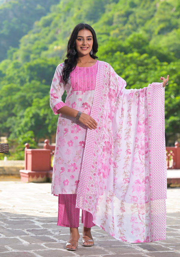 Pink Floral Printed Cotton Kurta Pant With Dupatta Set With Sequins & Mirror Work