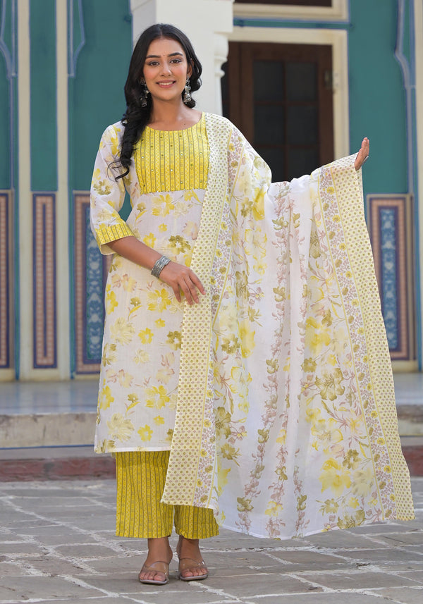 Yellow Floral Printed Cotton Kurta Pant With Dupatta Set With Sequins & Mirror Work