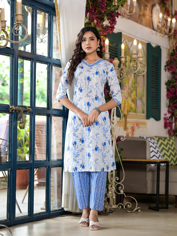 Blue Floral Printed Cotton Kurta & Pant Set With Lace