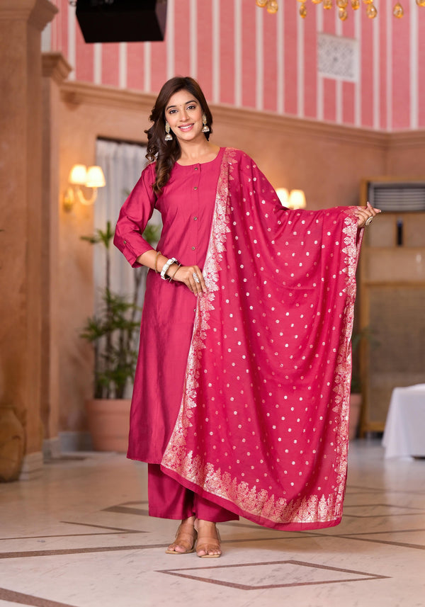 Fuchsia Zari Embroidered Cotton Kurta Pant And Dupatta Set With Button Closure