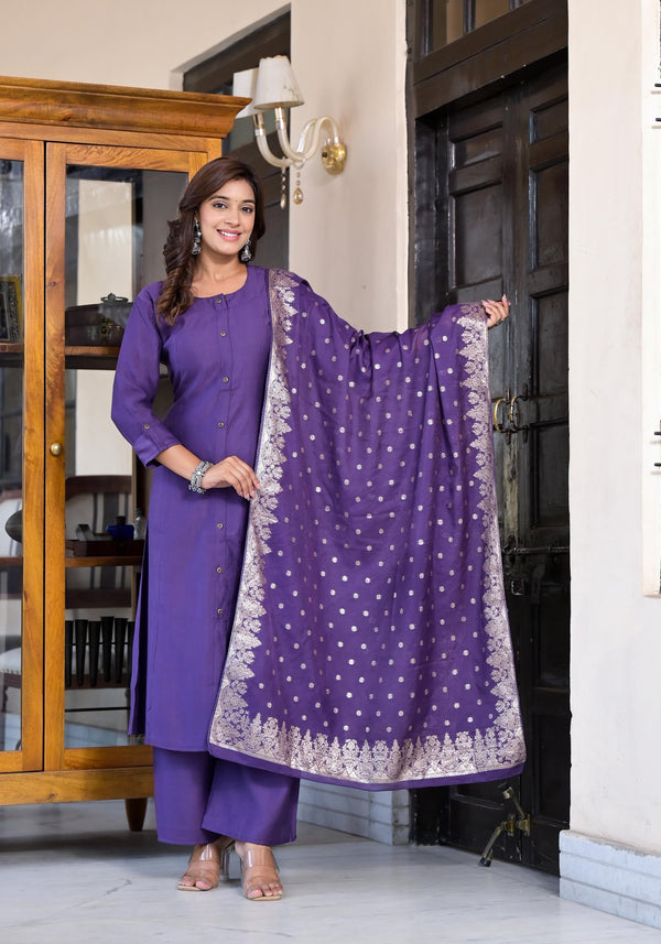 Purple Zari Embroidered Cotton Kurta Pant And Dupatta Set With Button Closure