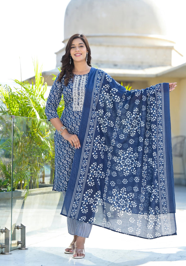 Blue Floral Printed Cotton Kurta Pant And Dupatta Set With Thread & Mirror Work