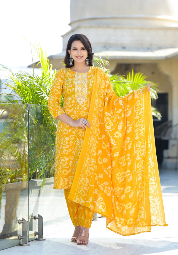 Mustard Floral Printed Cotton Kurta Pant And Dupatta Set With Thread Work & Sequins