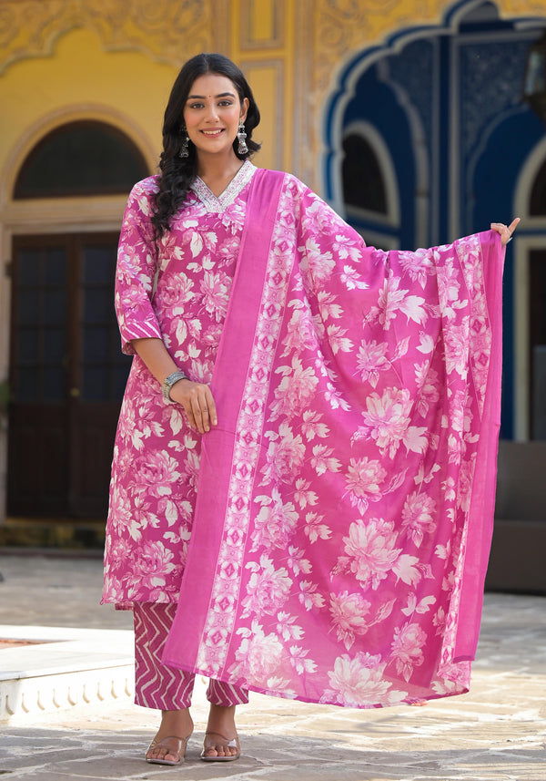 Mauve Floral Printed Cotton Kurta Pant With Dupatta Set With Mirror Work & Zari Work