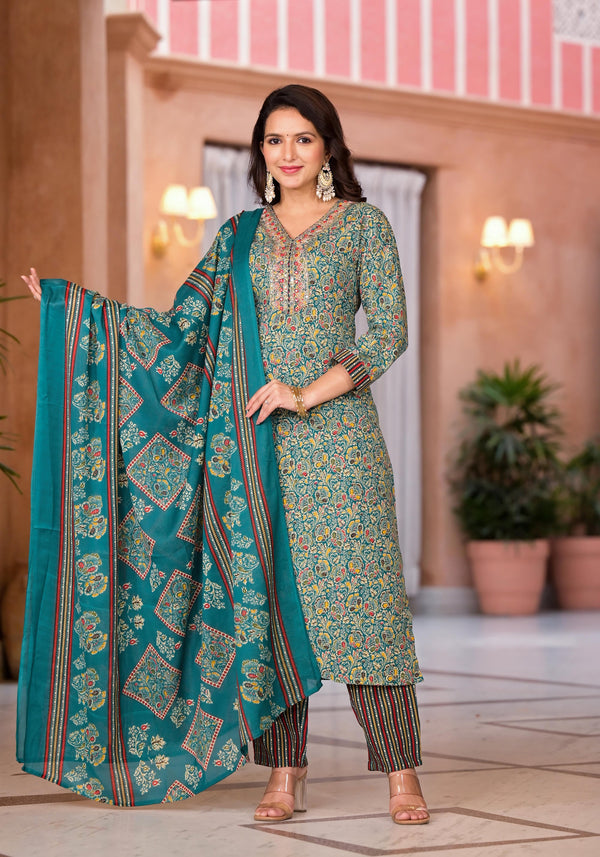 Rama Green Cotton Ethnic Motif Printed Kurta Pant And Dupatta Set With Sequins & Thread Work