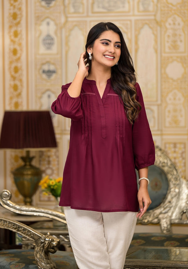 Wine Solid Rayon Tunic Top With Thread Work