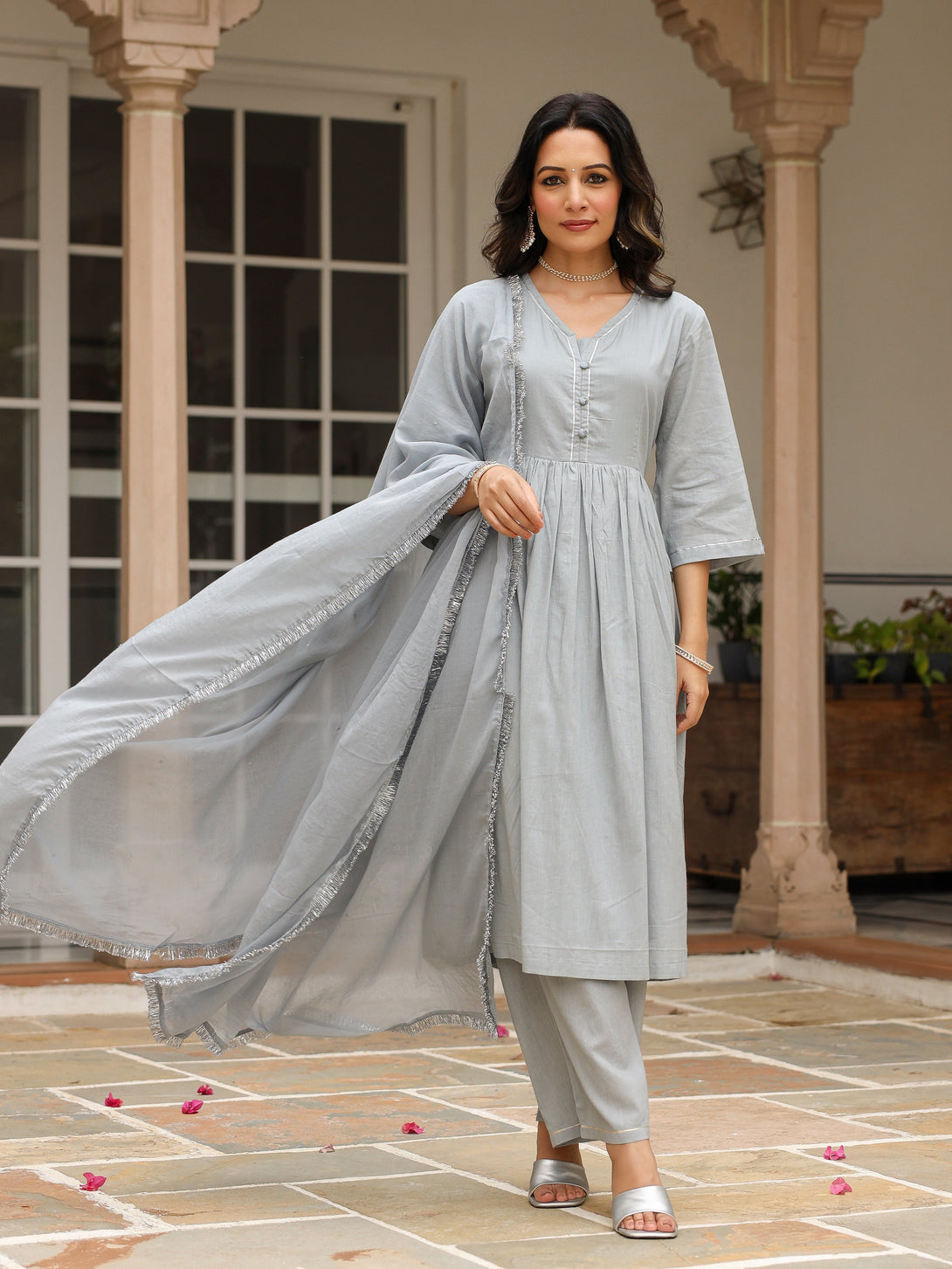 Women's Grey Mulmul Cotton Anarkali Kurta Set With Trousers And Dupatta - Pheeta