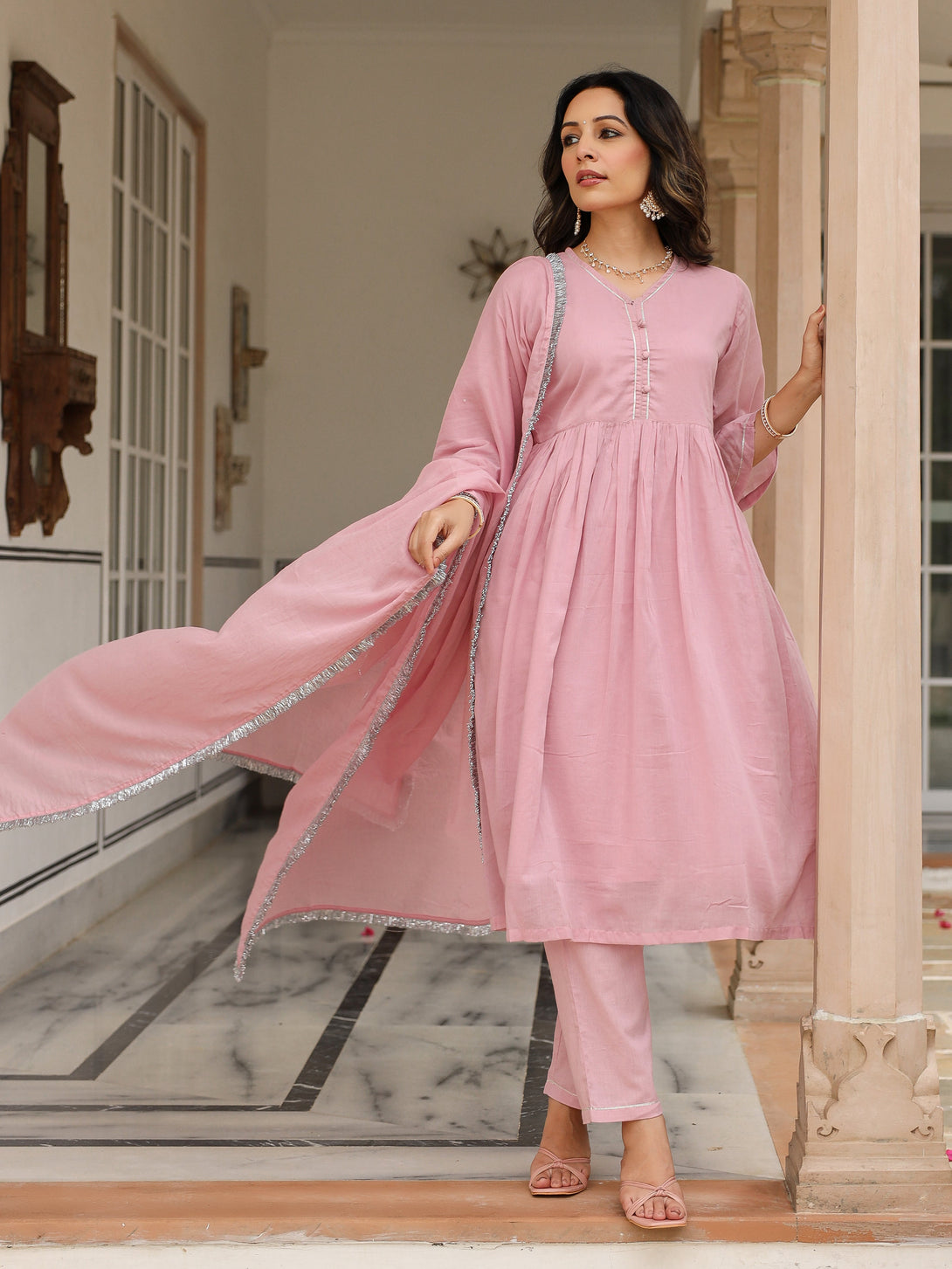 Women's Baby Pink Mulmul Cotton Anarkali Kurta Set With Trousers And Dupatta - Pheeta