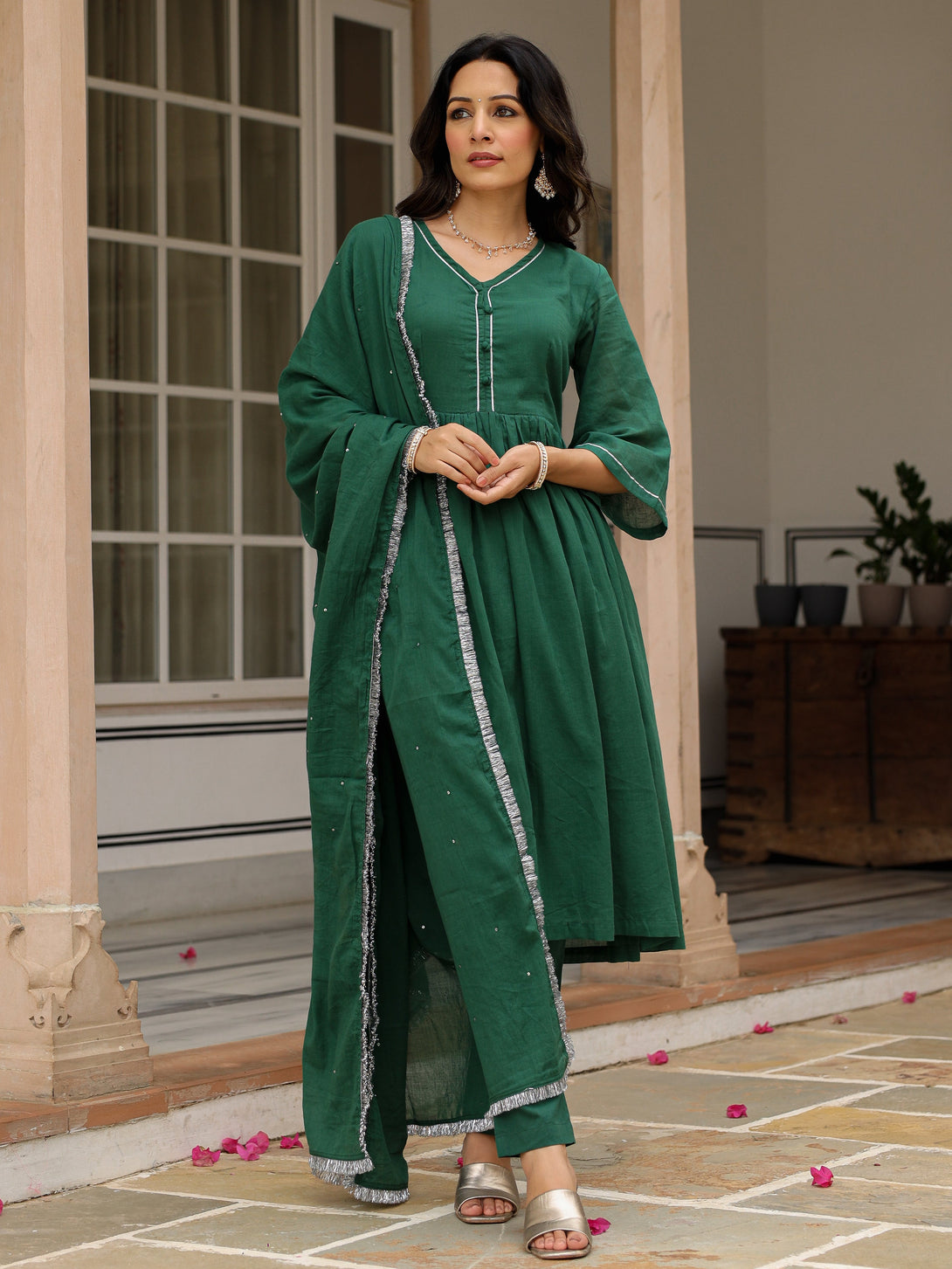 Women's Bottle Green Mulmul Cotton Anarkali Kurta Set With Trousers And Dupatta - Pheeta