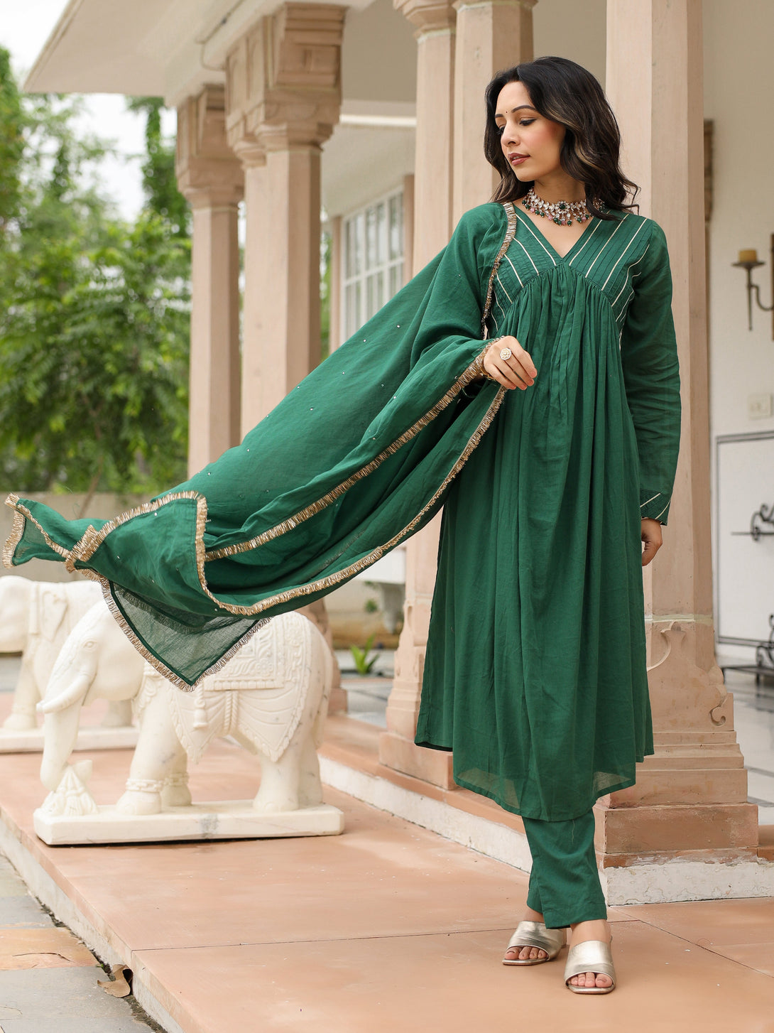 Women's Bottle Green Mulmul Cotton Anarkali Kurta Set With Trousers And Dupatta - Pheeta