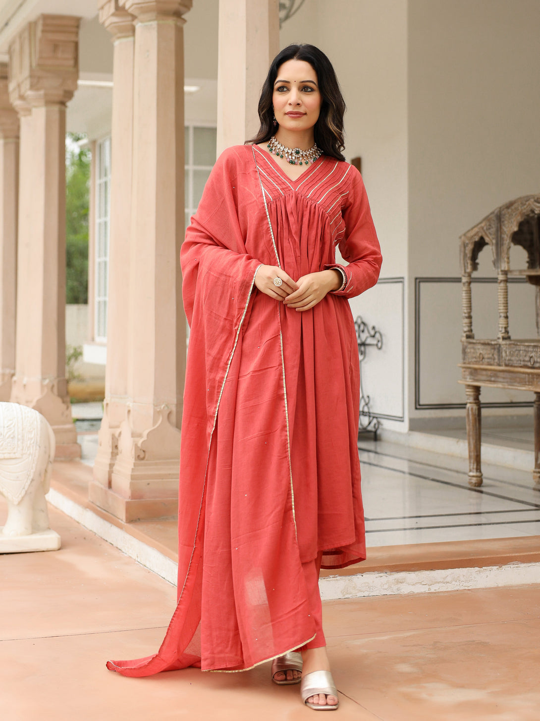 Women's Dusty Red Mulmul Cotton Anarkali Kurta Set With Trousers And Dupatta - Pheeta