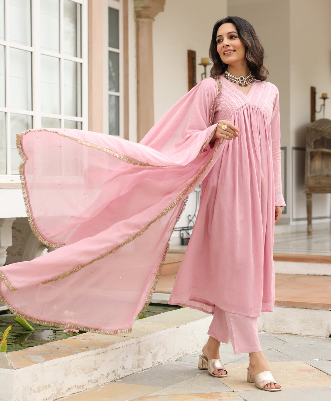 Women's Baby Pink Mulmul Cotton Anarkali Kurta Set With Trousers And Dupatta - Pheeta