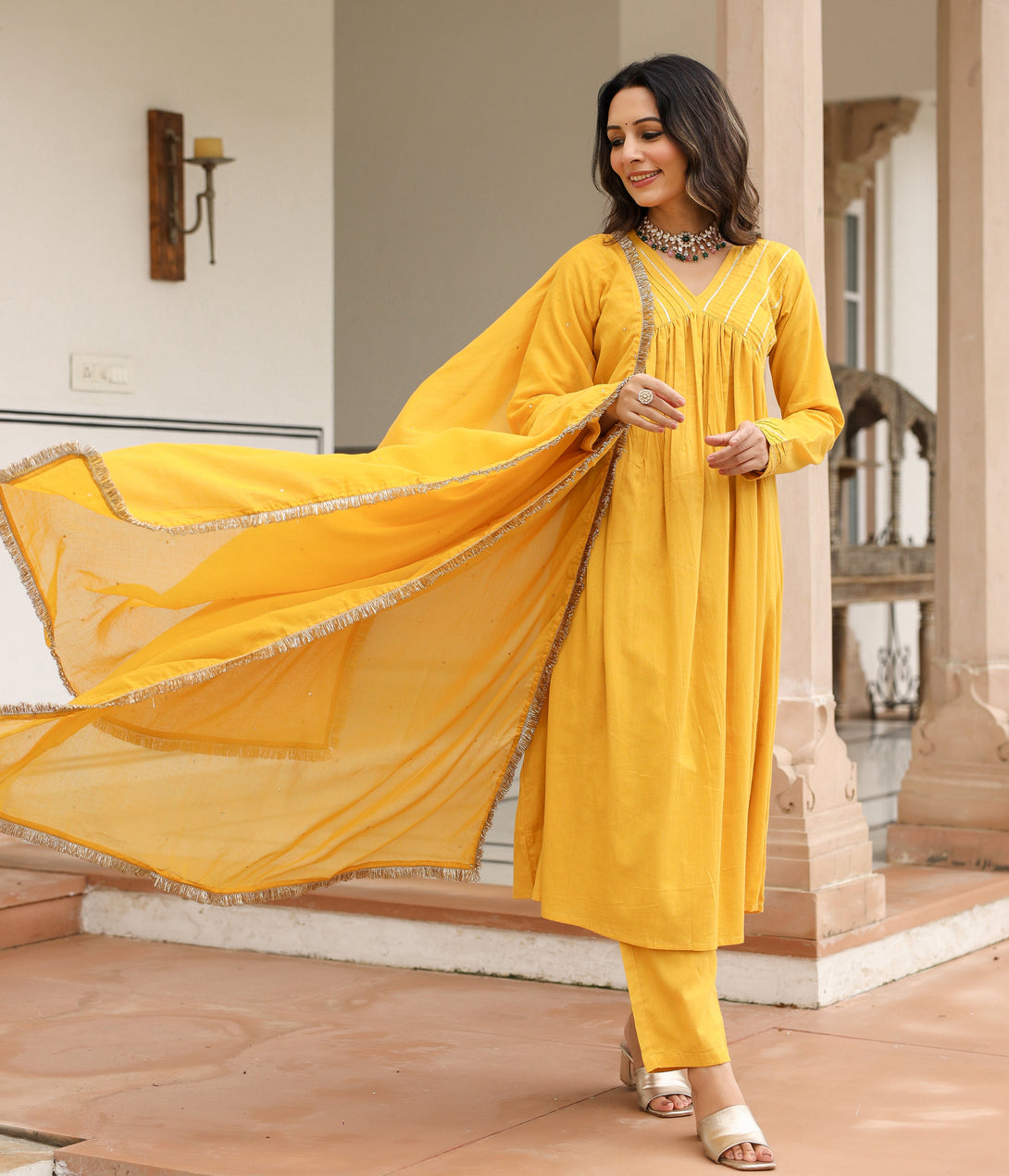 Women's Mustard Mulmul Cotton Anarkali Kurta Set With Trousers And Dupatta - Pheeta