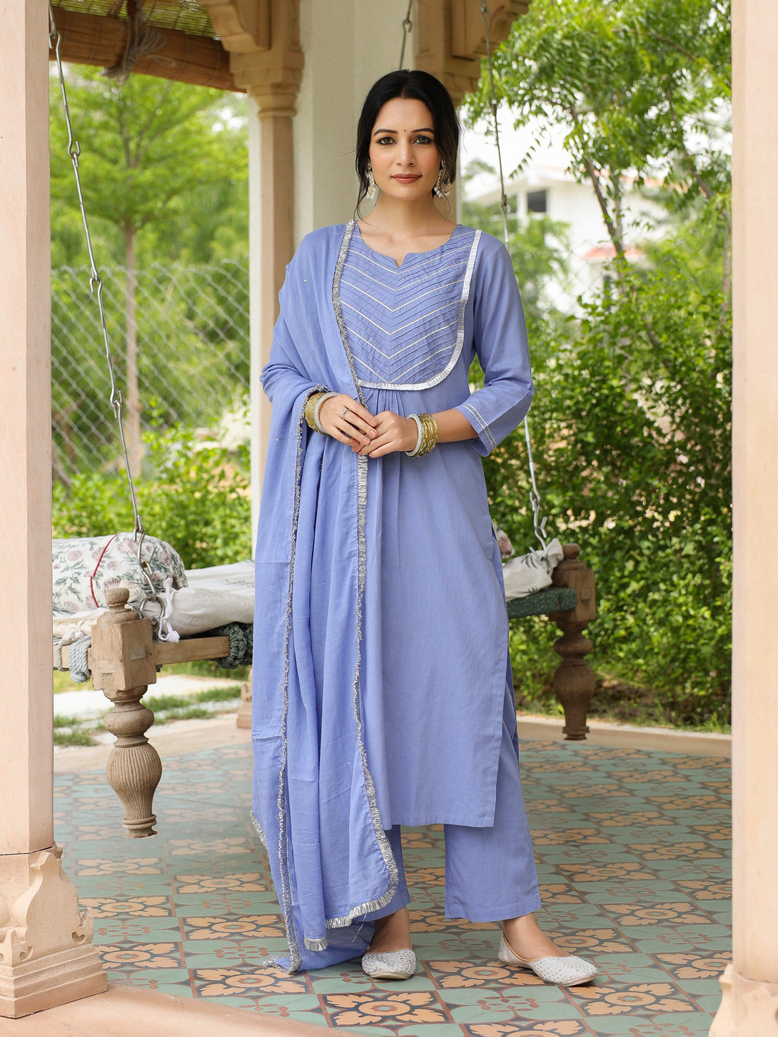 Women's Lavender Blue Mulmul Cotton Kurta Set With Trousers And Dupatta - Pheeta