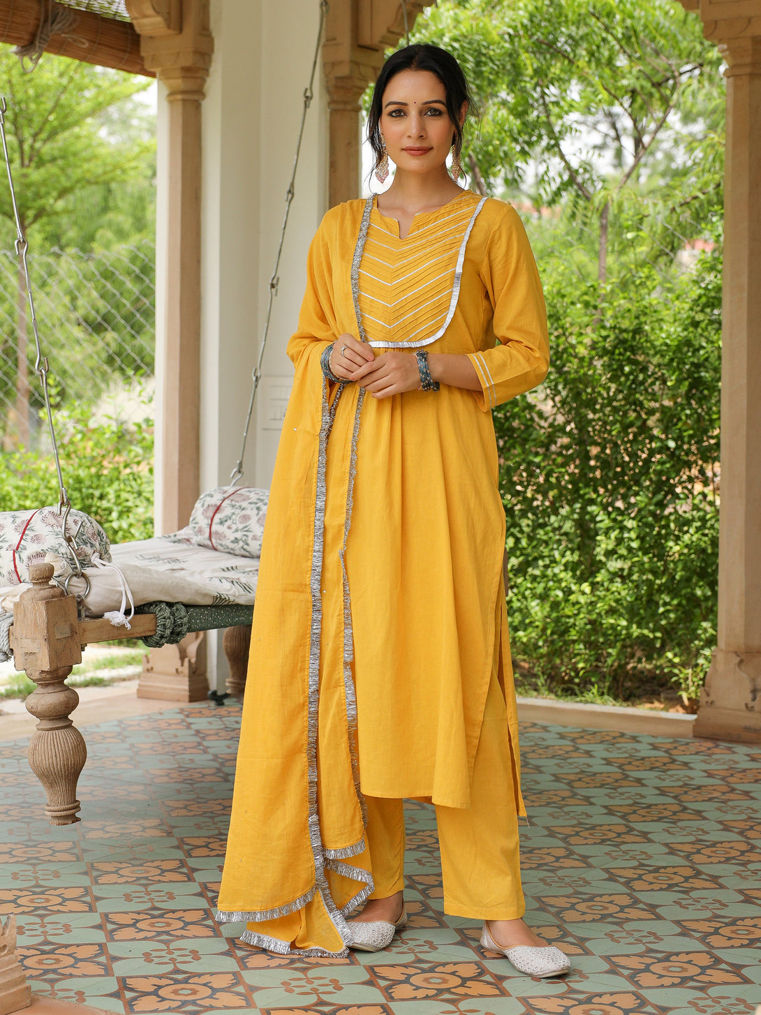 Women's Mustard Mulmul Cotton Kurta Set With Trousers And Dupatta - Pheeta