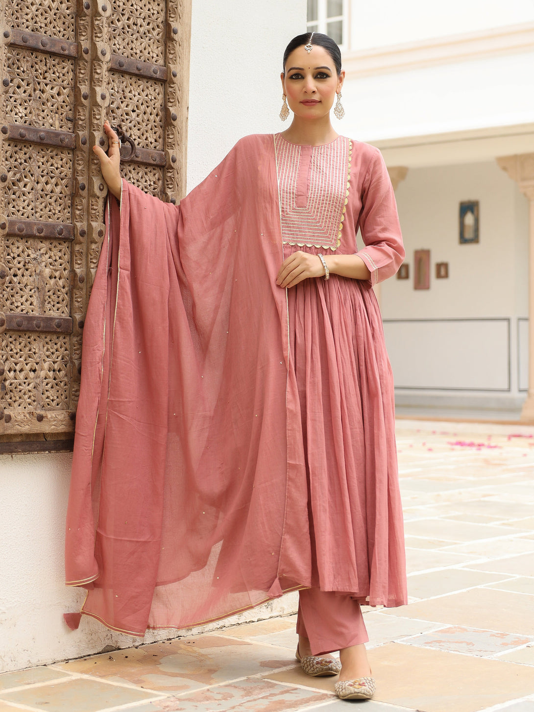 Women's Dusty Pink Mulmul Cotton Anarkali Kurta Set With Trousers And Dupatta - Pheeta