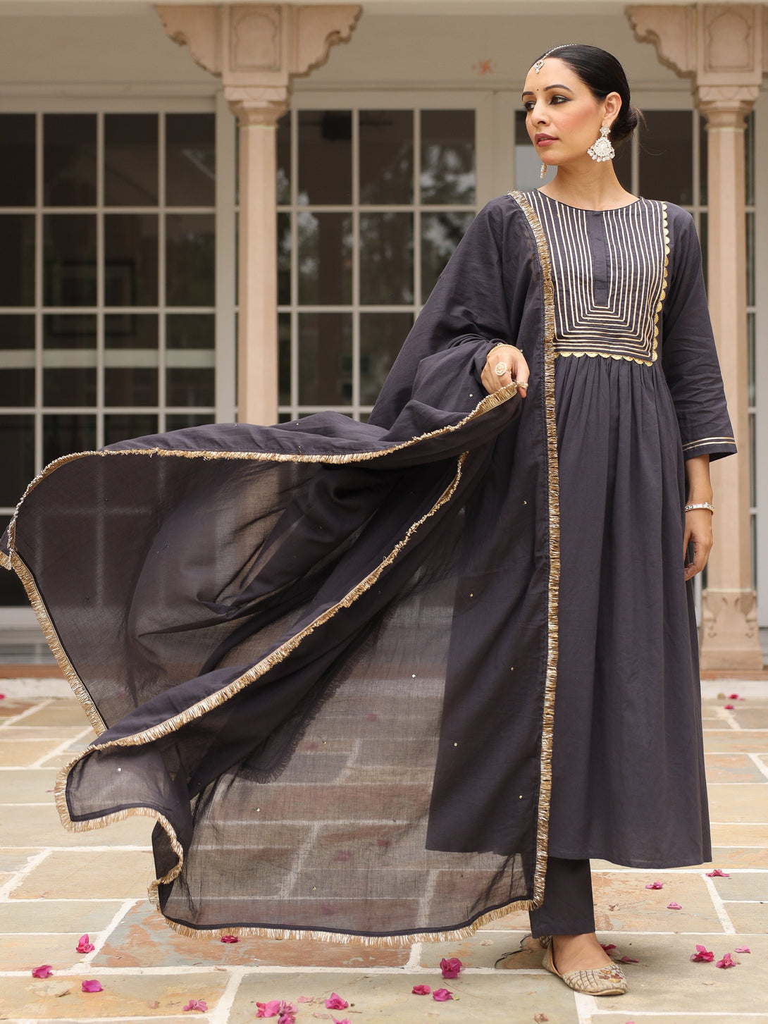 Women's Black Mulmul Cotton Anarkali Kurta Set With Trousers And Dupatta - Pheeta