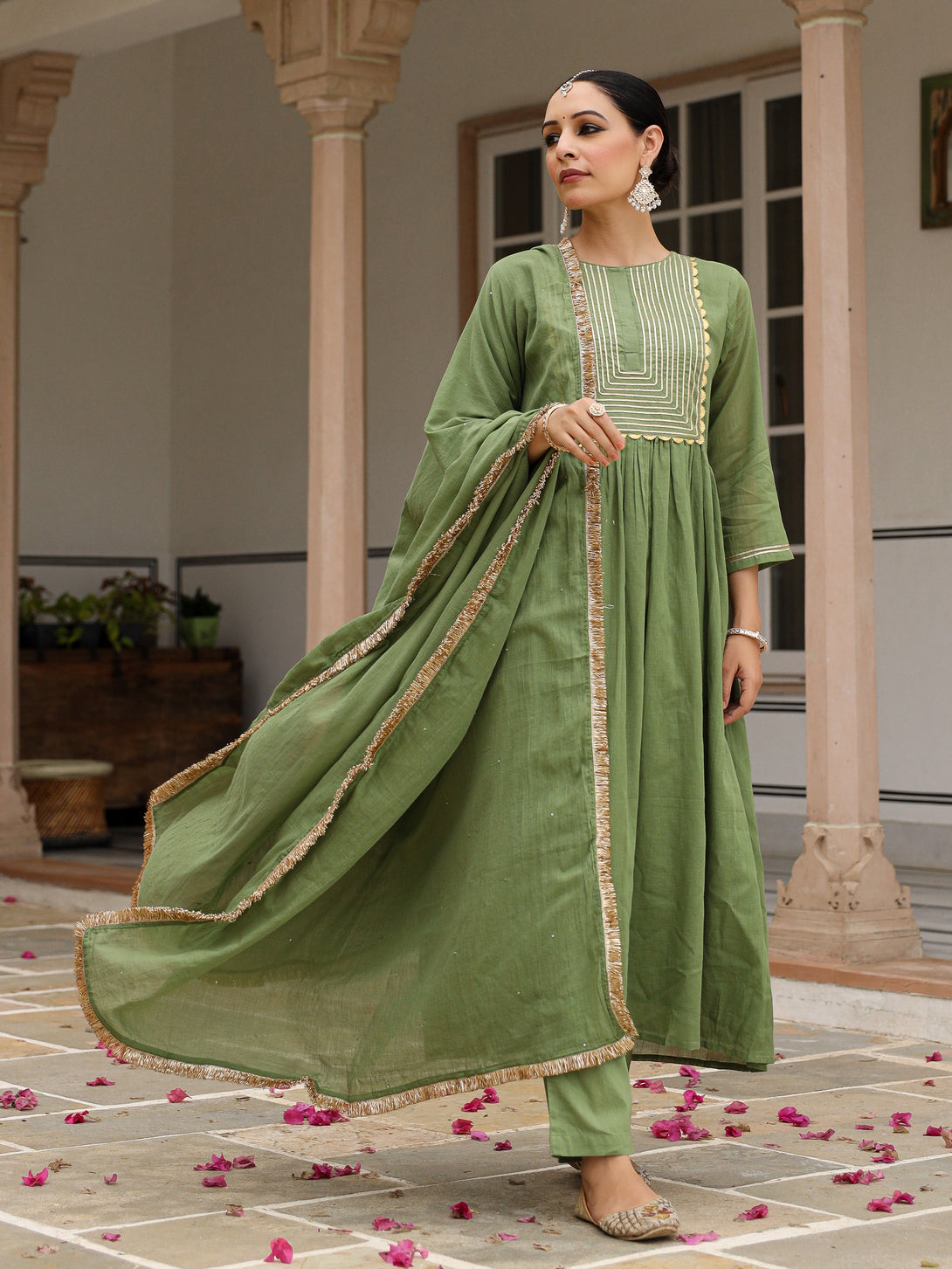 Women's Light Green Mulmul Cotton Anarkali Kurta Set With Trousers And Dupatta - Pheeta