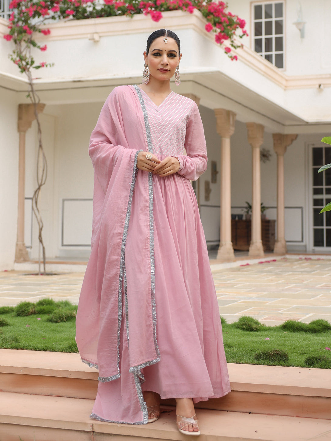 Women's Baby Pink Mulmul Cotton Anarkali Kurta Set With Trousers And Dupatta - Pheeta