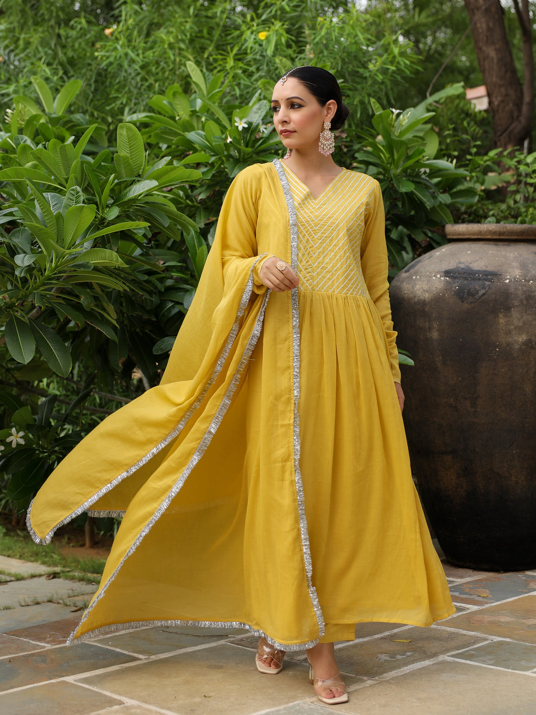 Women's Mustard Mulmul Cotton Anarkali Kurta Set With Trousers And Dupatta - Pheeta