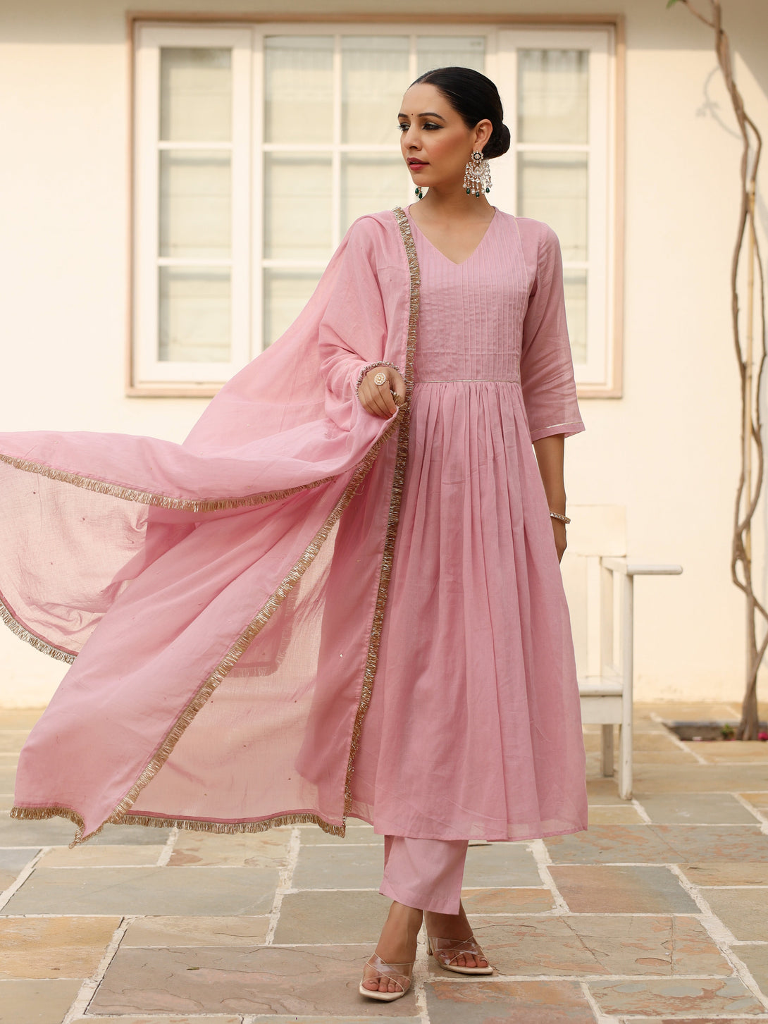 Women's Baby Pink Pintucks Mulmul Cotton Kurta Set With Trousers And Dupatta - Pheeta