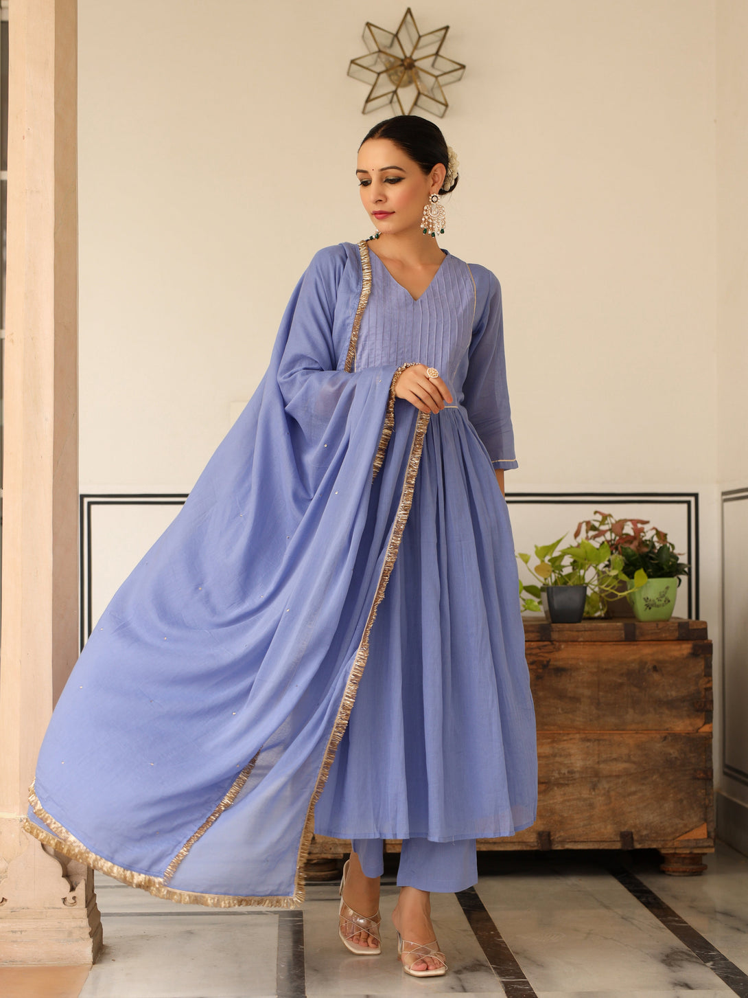 Women's Lavender Blue Pintucks Mulmul Cotton Kurta Set With Trousers And Dupatta - Pheeta