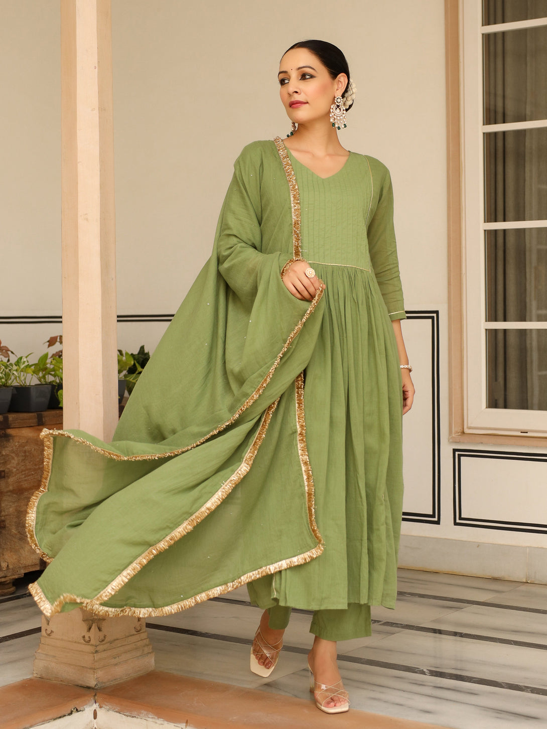 Women's Light Green Pintucks Mulmul Cotton Kurta Set With Trousers And Dupatta - Pheeta