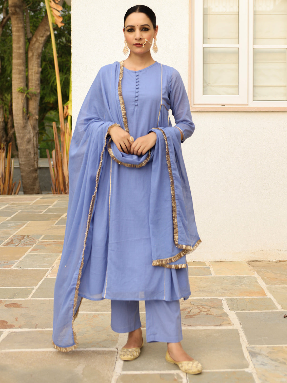 Women's Lavender Blue Mulmul Cotton Anarkali Kurta Set With Trousers And Dupatta - Pheeta