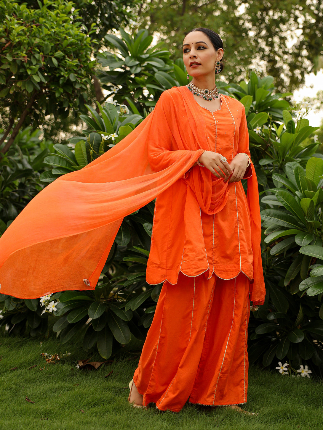 Women's Tangerine Orange Cotton Kurta Set With Plazzo And Dupatta - Pheeta