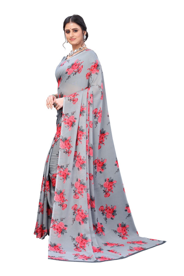 Women's Grey Printed Georgette Saree - Vamika