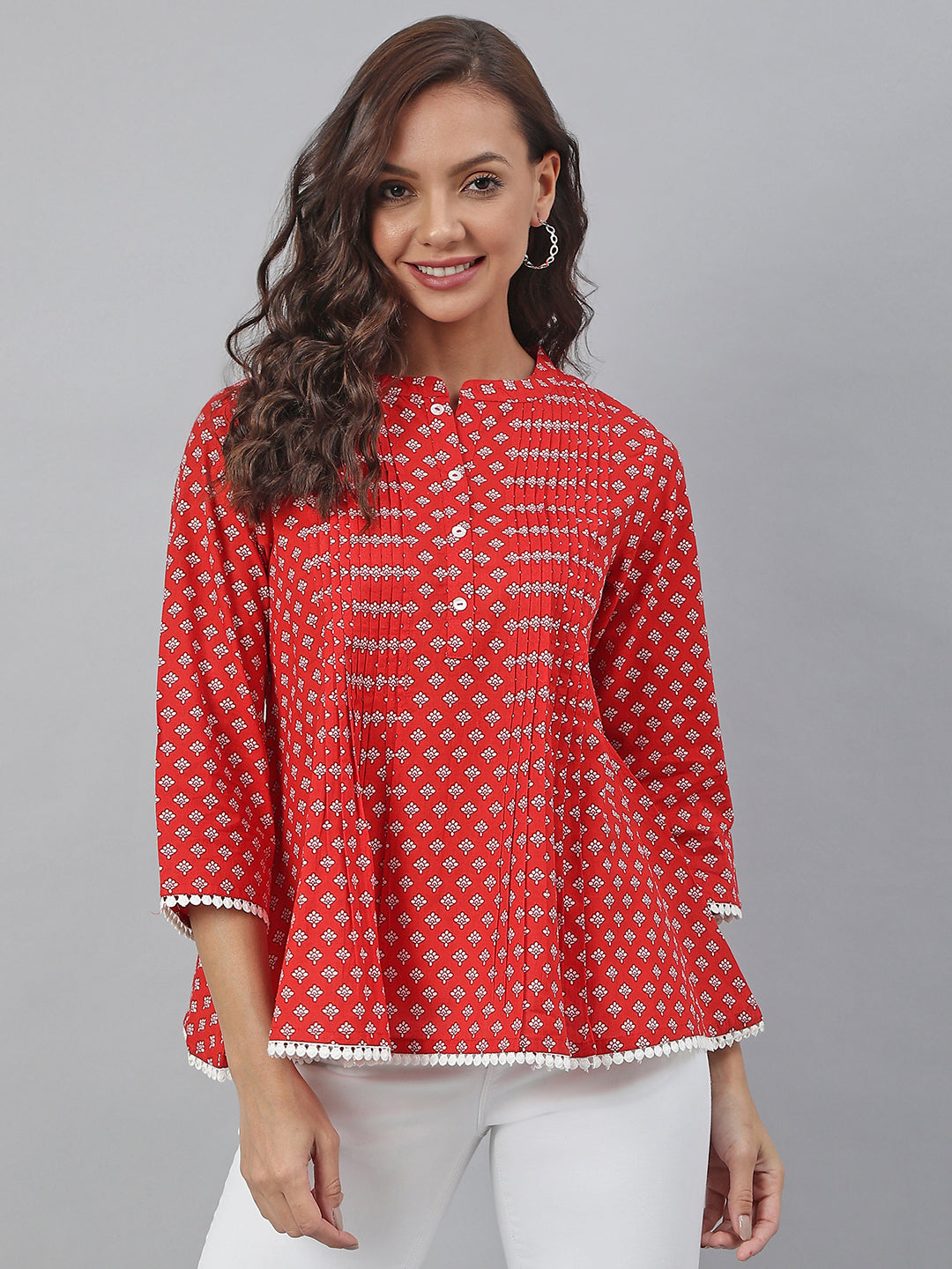 Women's Red Cotton Schiffli Regular Product Type-Tops - Janasya