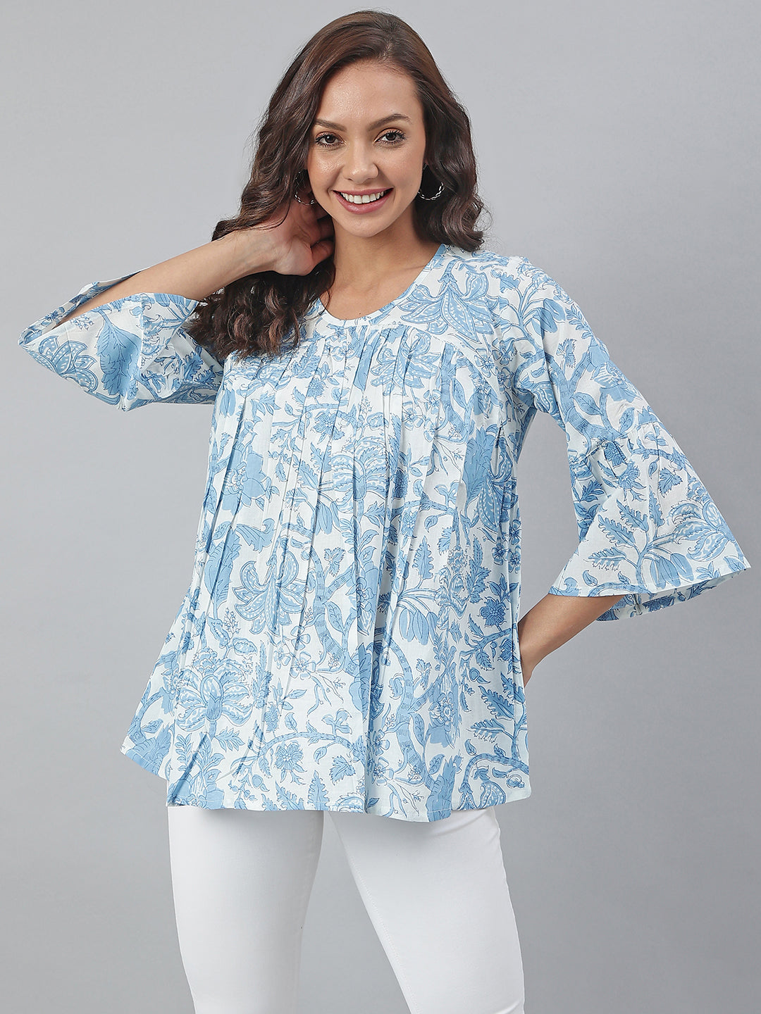 Women's White Cotton Floral Print Tiered Product Type-Tops - Janasya