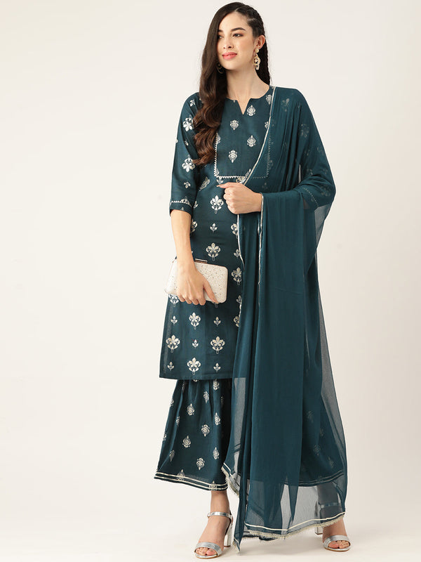 Women's Dark Rama Color Rayon Blend Printed Kurta Sharara With Dupatta - VAABA