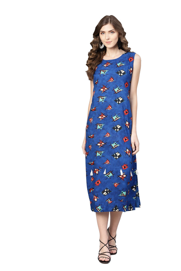 Women's Blue Rayon Printed Sleveeless Round Neck Dress - Myshka