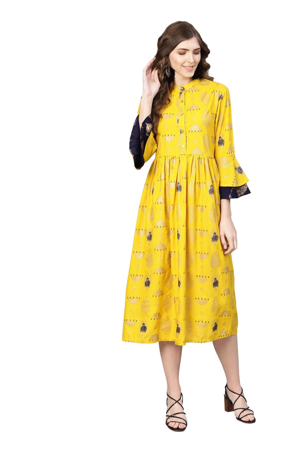 Women's Yellow Rayon Printed 3/4 Sleeve Round Neck Dress - Myshka