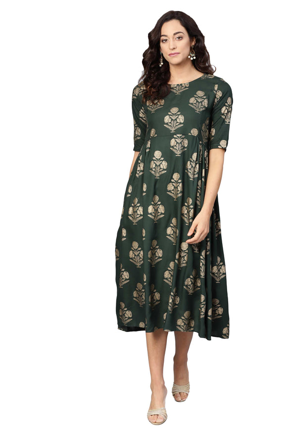 Women's Green Rayon Printed 3/4 Sleeve Round Neck Dress - Myshka