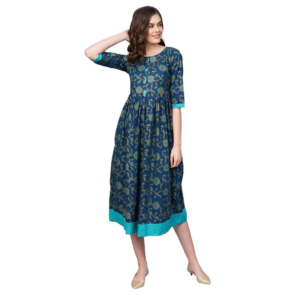 Women Blue Cotton Printed Dress by Myshka (1 Pc Set)