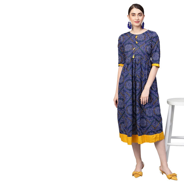 Women Navy Blue Cotton Printed Dress by Myshka (1 Pc Set)