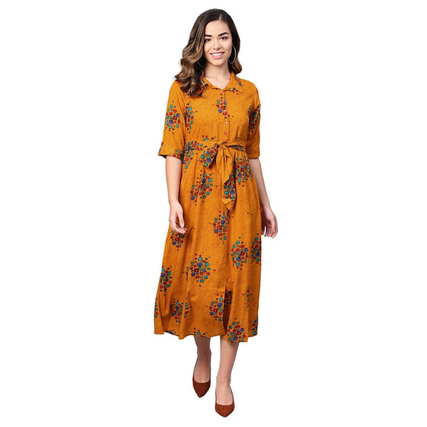 Women's Yellow Cotton Printed Half Sleeve Casual Dress - Myshka