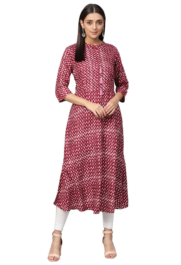 Women's Pink Rayon Printed 3/4 Sleeve Mandarin Neck Casual Kurta Only - Myshka