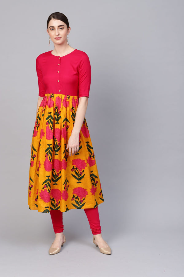 Women's Pink Cotton Printed Half Sleeve Round Neck Kurti - Myshka