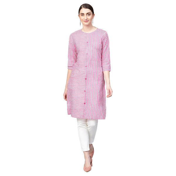 Women's Pink Cotton Solid 3/4 Sleeve Collar Neck Kurti - Myshka